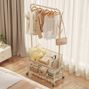 Clothes Rack Floor Standing Mobile <b>Storage</b> Organizer With <b>Basket</b> For Bedroom And Overnight Clothes - Product Image 2