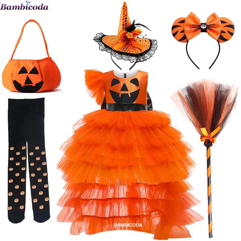 Costume de vampire noir pour enfant, déguisement de sorcière citrouille orange pour filles, tenue de fête de carnaval, ensemble de vêtements de sorcière pour bambins