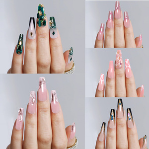 Nailway 24 pièces <span class=keywords><strong>Faux</strong></span> <span class=keywords><strong>ongles</strong></span> à presser longs forme cercueil rose nude français avec strass en cristal et paillettes - Product Image 5