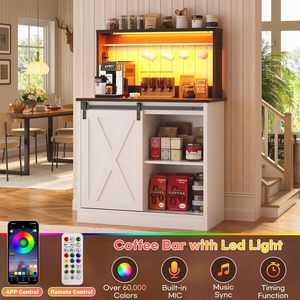Meuble de <span class=keywords><strong>bar</strong></span> à café style ferme avec station de charge, éclairage LED, buffet charmant, rangement personnalisable, style porte de <span class=keywords><strong>grange</strong></span> pour salon - Product Image 4