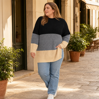 Haut en tricot pour femme avec logo personnalisé, tricoté à grosses mailles, manches longues, col rond, color block, décontracté, hiver, automne, polyester, usine OEM & ODM
