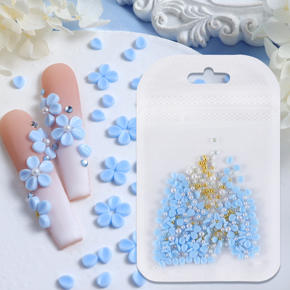 Petit pétale rond avec perle dorée-Bleu clair 4 #