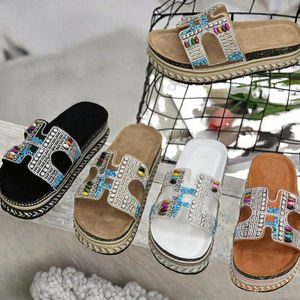Sandalias de cuerda de cáñamo coloridas de gran tamaño a la moda, superficie de diamante, fondo grueso, playa para zapatillas para masaje de verano y otoño - Product Image 3