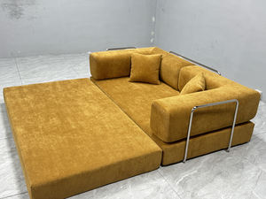 Sofá en Forma de L con Chaise Longue, de Metal Brillante, con Tela Texturizada a Rayas Amarillo Cálido, Estilo Industrial Moderno - Product Image 2