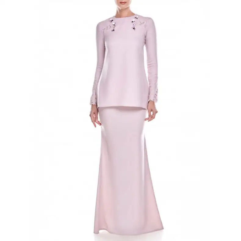 2021 최신 우아한 2 조각 세트 여성 여름 이슬람 화이트 인기 인쇄 긴 소매 맥시 드레스 Baju Kurung Malsysia