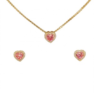 Luxury Pink Heart Cut Lab Grown Diamond Jewelry Set 14K 18K Gold Halo Pendant <b>Necklace</b> Stud Earrings Bridal Wedding - Product Image 2