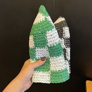 แฟชั่นผู้หญิงฤดูร้อนมือโครเชต์แพทช์ทํางานไล่ล่าลายสก๊อตพับกระดาษฟางหมวกถัง - Product Image 5