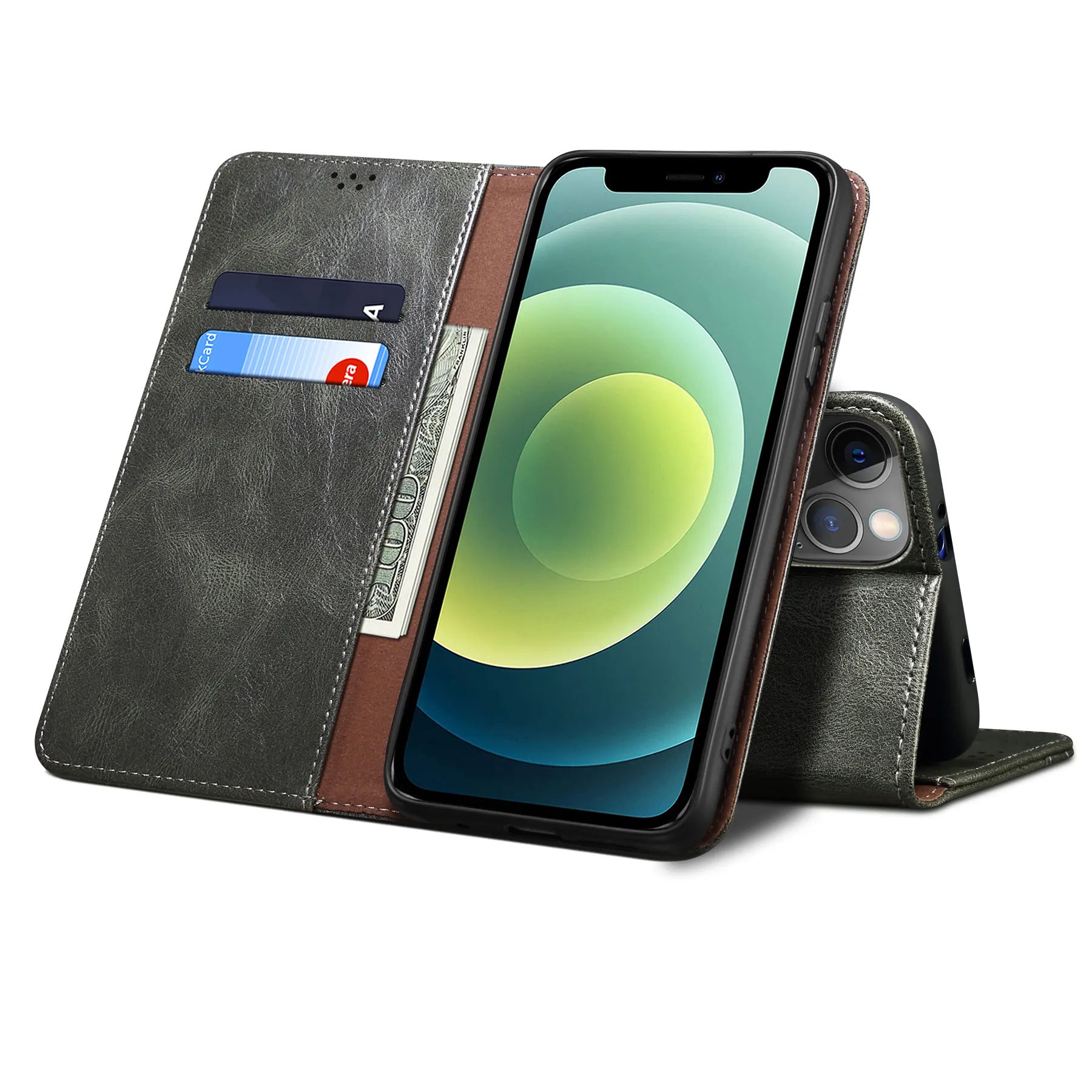 Für iPhone 12 Pro Max Kartenfach PU-Leder-Kartebuch Handy-Magnettuch Smartphone-Hülle