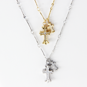 Collana con Doppia Croce in Zirconi, Ciondolo alla Moda con Catena per Uomo e Donna, Regalo per Coppie, in Acciaio Inossidabile Placcato Argento - Product Image 1