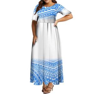 Nuevo Vestido Largo <span class=keywords><strong>de</strong></span> Gasa con Estampado Polinesio Azul y Blanco, Cintura Natural, <span class=keywords><strong>Manga</strong></span> <span class=keywords><strong>Media</strong></span> y Plisado, Estilo Sweet Island - Product Image 4