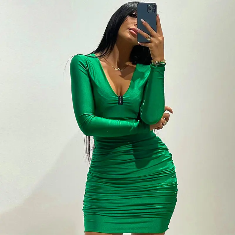 FS9784A وصول جديدة فستان عارضة للمرأة طويلة الأكمام فستان أخضر