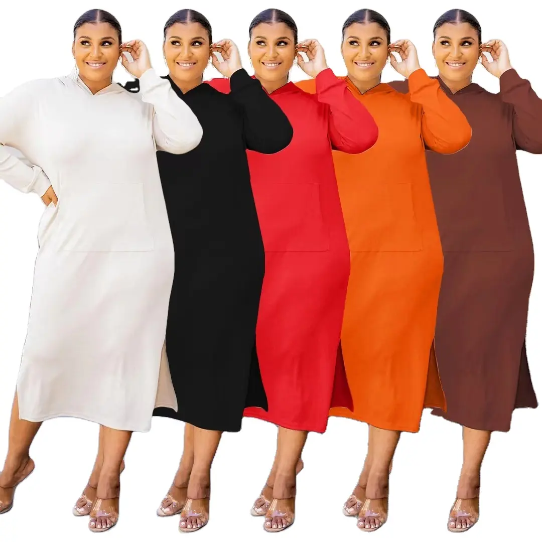 J & H الجملة ملابس خريفية السيدات رخيصة الشق كم طويل فستان بقبعة بالاضافة الى حجم بلون فستان كاجوال