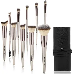 10pcs champanhe maquiagem jogo de escova de ouro comprar barato logotipo personalizado private label vegan madeira da pele make-up escovas com caso com bolsa