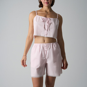 Conjunto de Pijama Informal para Mujer, Camisola a Rayas con Tirantes Ajustables, Pantalones Cortos, Chaleco de Encaje, Tejido Fino de Algodón Puro - Product Image 4
