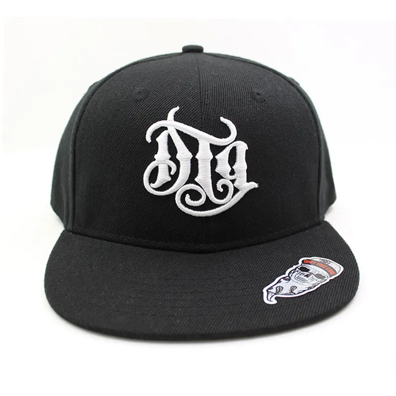 Custom 5 panel 3D embroidery hip-hop flat brim hat black plain black snapback cap