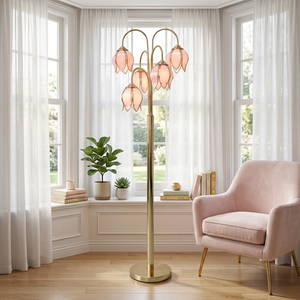 Lampe sur pied en forme de fleur de lotus rose blush à 5 têtes, avec bras dorés courbés et abat-jour en verre en forme de pétale, pour la décoration de la chambre à coucher et du salon - Product Image 4