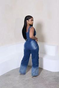 Completo Due Pezzi in Denim alla Moda Think <span class=keywords><strong>Cargo</strong></span> per <span class=keywords><strong>Donna</strong></span>, Top Elasticizzato con Scollo a V e Zip Irregolare, Pantaloni <span class=keywords><strong>Larghi</strong></span> Lavati per Primavera Estate - Product Image 2