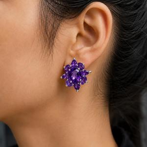 Manufacturer 925 <b>Sterling</b> <b>Silver</b> Rhodium Plated Amethyst Floral Cluster <b>Stud</b> <b>Earrings</b> - Product Image 2