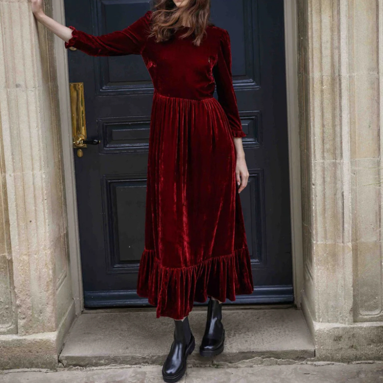 open lace back dress Velvet Mock Neck Ruched Sleeveless Dress - Red main image 1
