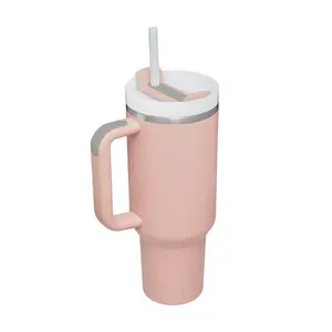 Tazas personalizadas de acero inoxidable con aislamiento al vacío, tazas de café con recubrimiento en polvo de 40oz, vasos al por mayor con asa y pajita