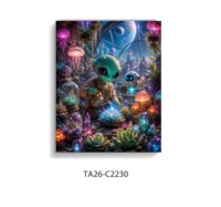 Toile murale au design moderne, peinture sur toile représentant un OVNI extraterrestre sous un monde de fleurs pour la décoration murale