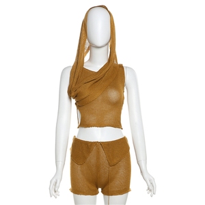 Zhezhe Nieuwe Zomer 2024 Gebreide Mouwloze Crop Top Met Capuchon En Korte Broek 2-delige Set Effen Bodycon Uitgeholde Damesset - Product Image 2