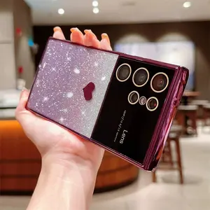 Casing ponsel jendela tampilan besar dilapisi hati cinta untuk Samsung S24 Ultra S23 Plus penutup pelindung TPU Glitter gradien