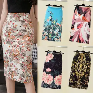 Jupe longue midi imprimée à fleurs pour femmes Jupe longue élastique extensible pour filles Robe crayon simple Office Lady Slim Casual Skirt