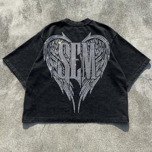 T-shirt imprimé en molleton bouclette pour homme, coupe oversize, délavé à l'acide, style streetwear, épaules tombantes, avec motif graphique en strass - Product Image 2