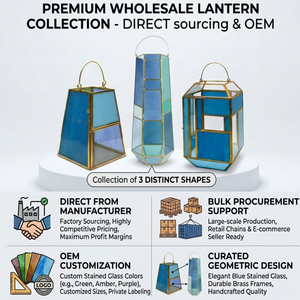 Farol de Vidrio Azul con Marco de Latón, Farol de Vidrio y Metal con Vidrio Teñido, Geométrico, para Decoración del Hogar y Bodas, Venta al Por Mayor - Product Image 4