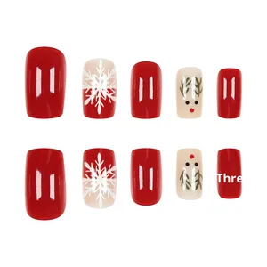<span class=keywords><strong>Faux</strong></span> ongles <span class=keywords><strong>de</strong></span> Noël, flocon <span class=keywords><strong>de</strong></span> neige blanc et renne mignon sur vernis à ongles rouge, style français en gros pour application sur les doigts - Product Image 2