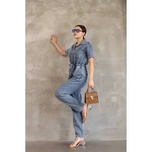 Overol de Mezclilla para Mujer, Cintura Elástica, 100% Algodón, Lavable, Estilo Simple - Product Image 1