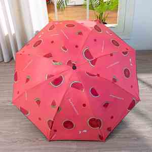 Dd4493 Paraguas Plegable Automático de 3 Secciones para Lluvia y Sol, Vinilo Negro con Diseño de Frutas y Margaritas Pequeñas, Protección UV - Product Image 2