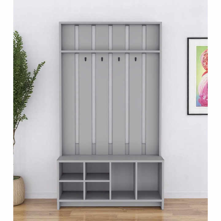 HMS 68 Four Hook Coat and Shoe Rack Gray Wood-for Entryway Organization