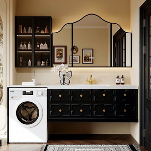 Mueble de Baño Integrado de Estilo Francés de Alta Gama, Retro, para Balcón, de Roble y Piedra Sinterizada, con Lavadora Integrada, Combinación de <span class=keywords><strong>Inodoro</strong></span> y Encimera de Piedra - Product Image 4