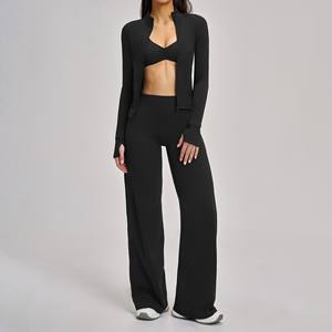 YIYI Ensemble de sport 3 pièces pour <span class=keywords><strong>femme</strong></span>, col montant, coupe ajustée, pour fitness et yoga, avec pantalon évasé taille haute effet push-up et veste - Product Image 2