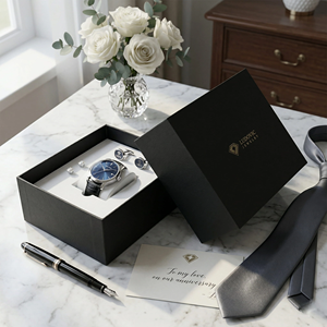 Caja organizadora de relojes negra, caja de regalo de lujo con tapa y base rígidas para perfume, logotipo personalizado en relieve, cartón. - Product Image 3