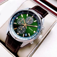 Grosir Jam Tangan Chronograph Kuarsa Pria Jam Tangan Seikot Olahraga Bisnis Kulit Buaya Coklat Dial Hijau Tiga Mata 385P1