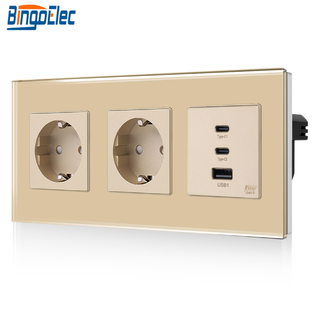 STOCK 65W GaN Fast Charging Wall Socket Tempered Glass Panel Dual Schuko Germany Socket