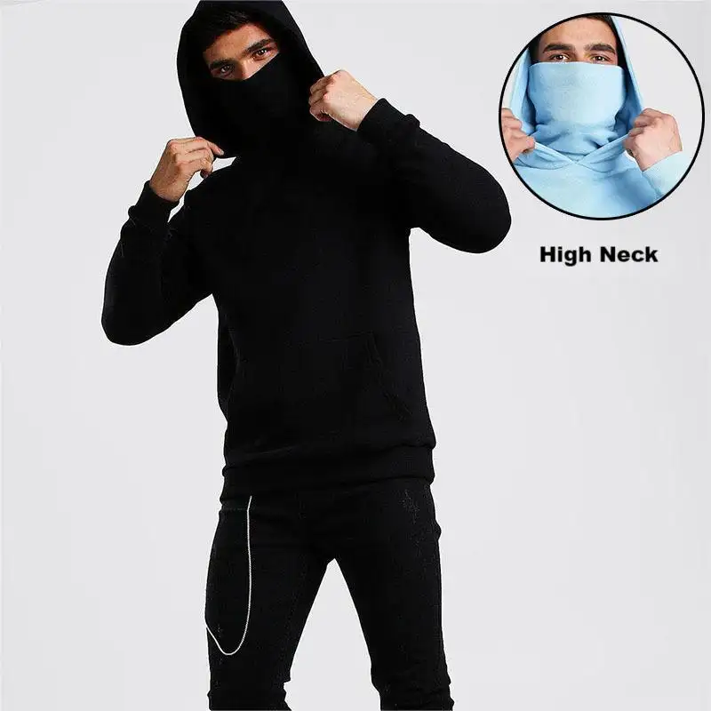 Black Plain Wholesale Cotton Sports Jacket High Neck Hooded Sweater Men's Pullover Custom Ninja Hoodie