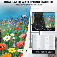 Rideau de douche imperméable à double couche avec doublure amovible, motif floral ciel étoilé et chat, sans crochets