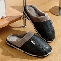 Chaussons d'hiver pour hommes en cuir PU imperméable, design épuré, doublure en fourrure chaude, grandes tailles, pour la maison et la chambre