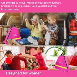 Kit d'urgence routière rose pour voiture avec câbles de démarrage, corde de <span class=keywords><strong>remorquage</strong></span>, fusée de signalisation LED et sifflets – Trousse d'outils de sécurité d'urgence pour femmes - Product Image 3