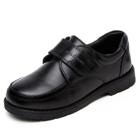 Chaussures Derby à cheville en cuir de vachette première couche style britannique pour garçons, en cuir noir; en cuir véritable, performance, campus, étiquette, velcro, tout-en-un