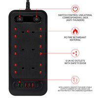 Multiprise 6 prises doubles avec 6 ports USB et câble de charge USB-C de 2 mètres, 10A, pour le Royaume-Uni