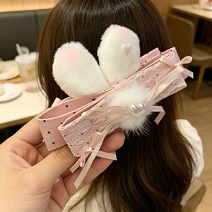 Pink polka dot lace bunny ear hair <b>clip</b> handmade hair accessory, a must-have for updos, sweet style banana <b>clip</b> - Product Image 3