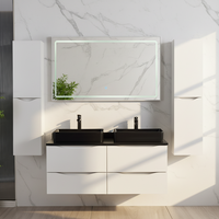 Meuble de salle de bain de luxe moderne avec vasque en céramique, dessus en marbre, résistant à l'eau, double vasque, armoire latérale et miroir LED