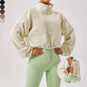 Women's <strong>Cropped</strong> Zip Hoodie Fleece Thickness Sportswear Solid Winter <strong>Sweaters</strong> Drawstring Coat Yoga <strong>Top</strong> - Product Image 1