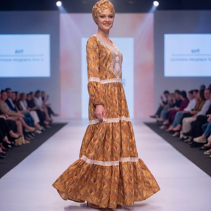 Vestido Maxi Africano Tradicional para Mujer, Ligero, Transpirable y Ecológico, con Estampado Floral Dorado y Ribete de Encaje, Estilo Bishop - Product Image 3