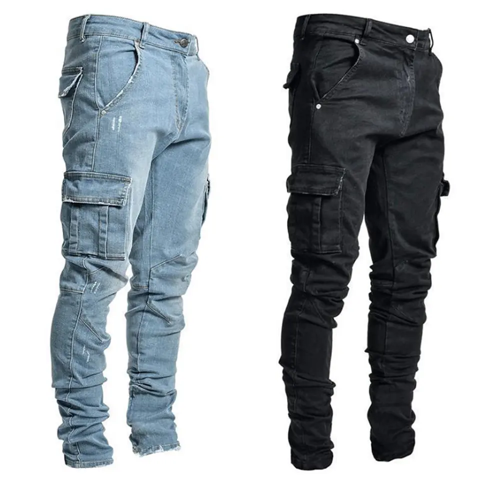 Pantalones vaqueros con bolsillos laterales para hombre, Jeans largos con cremallera, informales, venta al por mayor